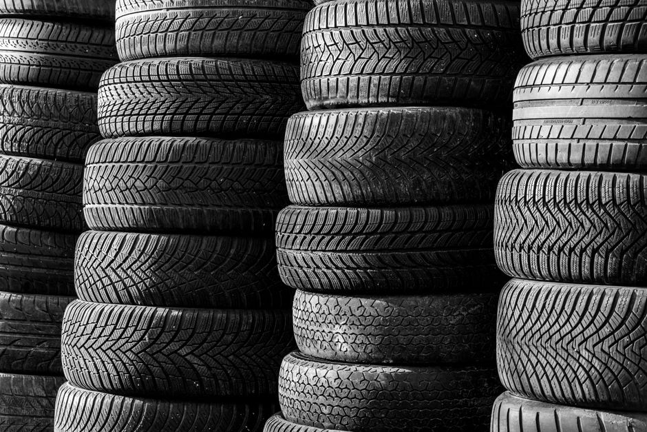 Stacked car tires in a climate controlled facility